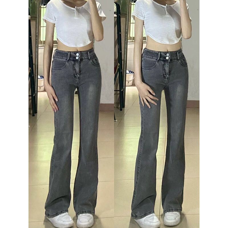 Red Smokey grey flared jeans wanita musim dingin American retro slim slim high waist straight pants high street tide ins