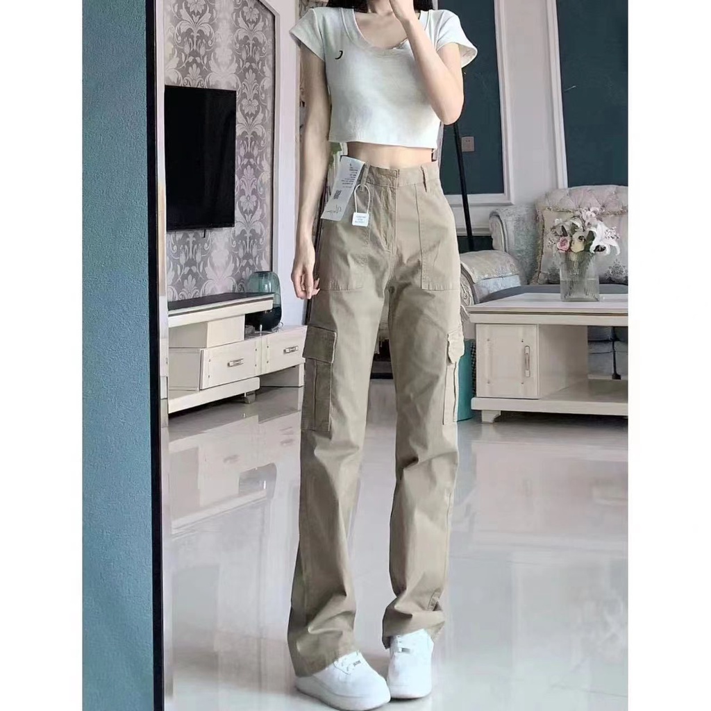 Red Celana jins netral berkaki lebar Amerika dengan gaya high street high waist all-match khaki retro celana lurus kasual