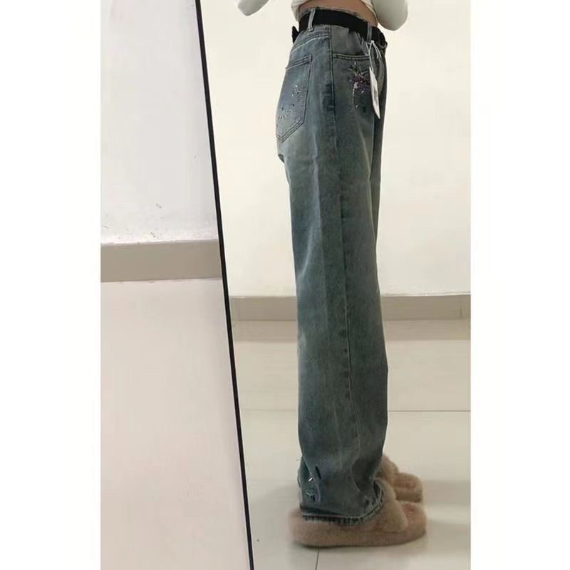 Red American Retro Bordir Jeans Wanita Musim Gugur dan Musim Dingin Baru All-Match Hot Gadis Pinggang Tinggi Longgar Tabung Lurus slim Lebar Kaki Celana