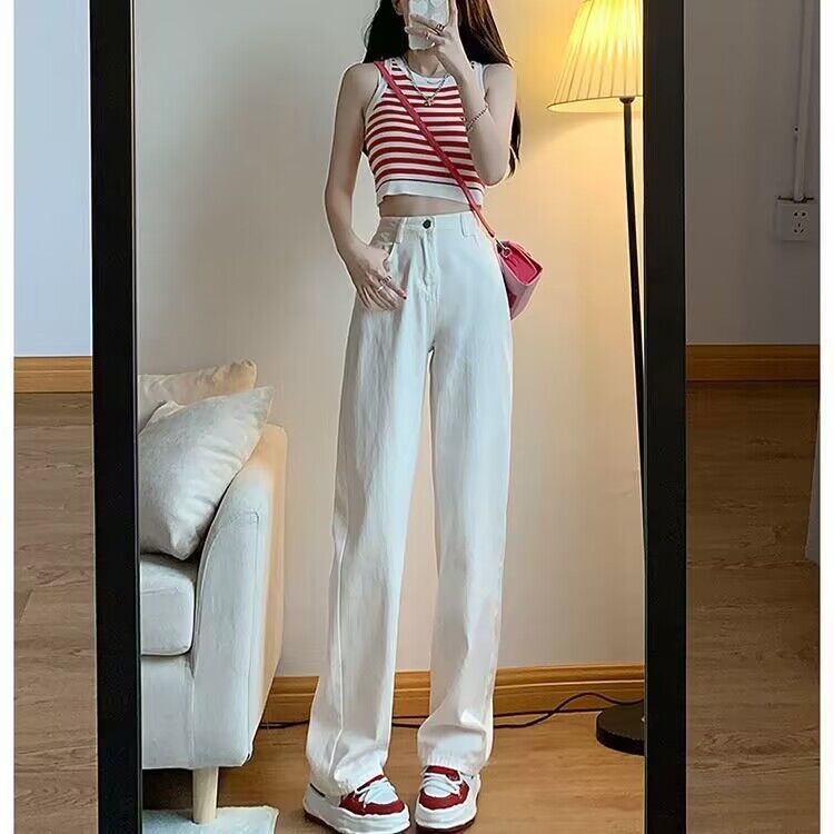 Red Putih berpinggang tinggi lebar kaki celana jeans wanita musim dingin in angin versi Korea longgar slim tabung lurus menggantungkan mengepel celana siswa