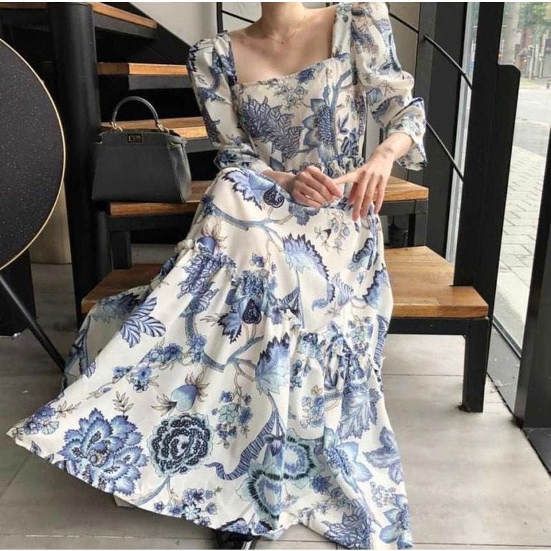 Long Dress Korea Lagoon Picnic Maxi Dress Dress Ala Korea Baju Terusan Wanita Dress simple Motif Bun