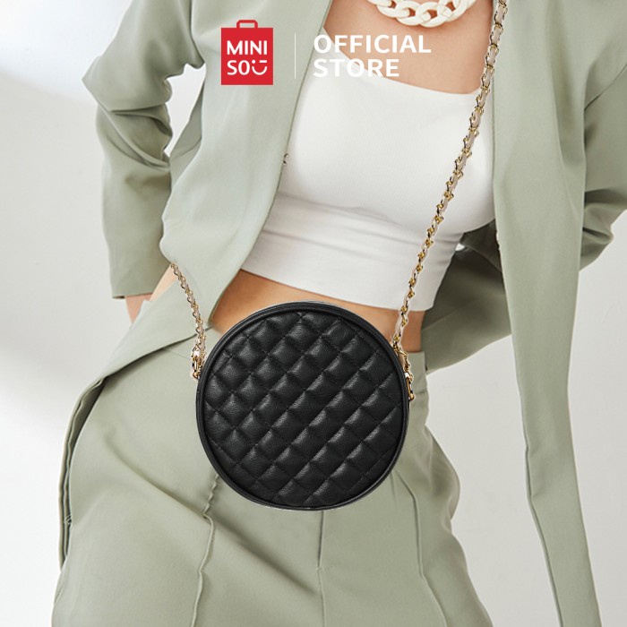 MINISO Tas Selempang Bulat Pola Kisi Berlian tas rantai Tas Messenger