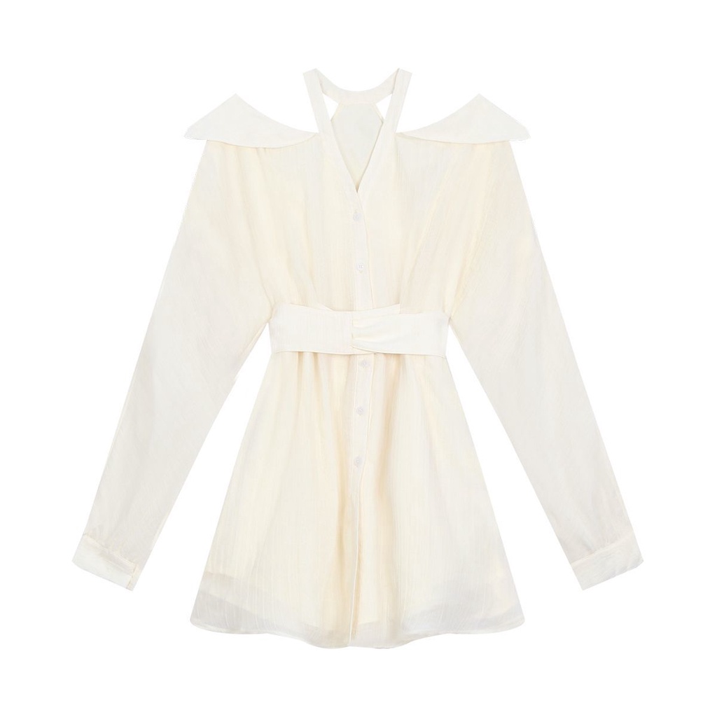 Red Gaun musim semi wanita desain baru pinggang pelangsing warna aprikot lembut memakai rok pendek kemeja tanpa tali leher halter