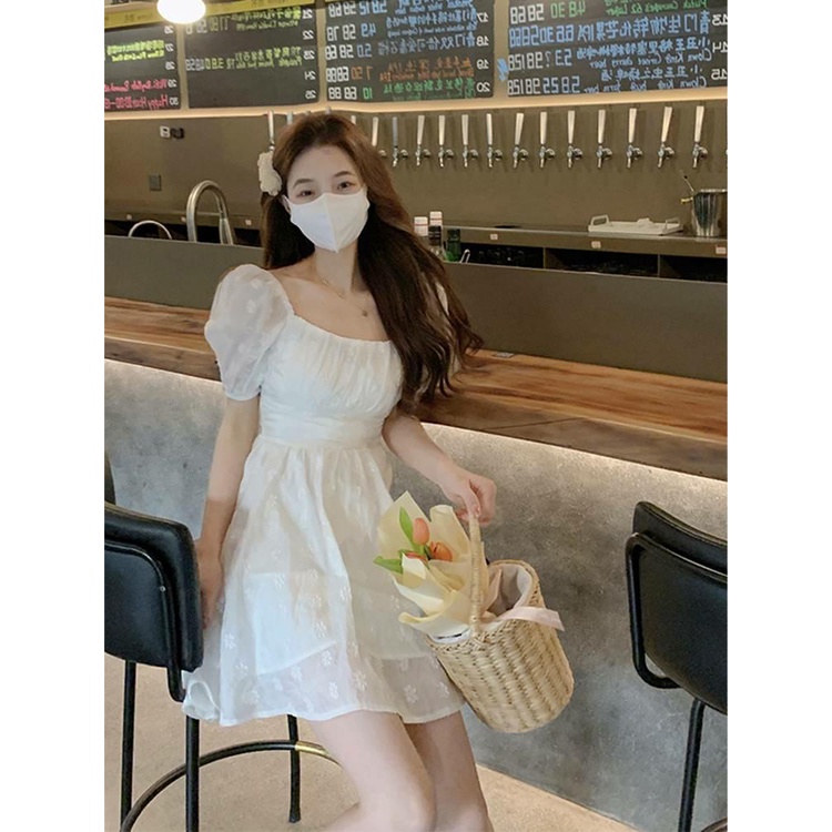 Red Gaun lengan pendek lengan engah Prancis wanita musim panas bagian tipis pinggang pelangsing putih rok pendek yang indah cinta pertama rok istirahat teh