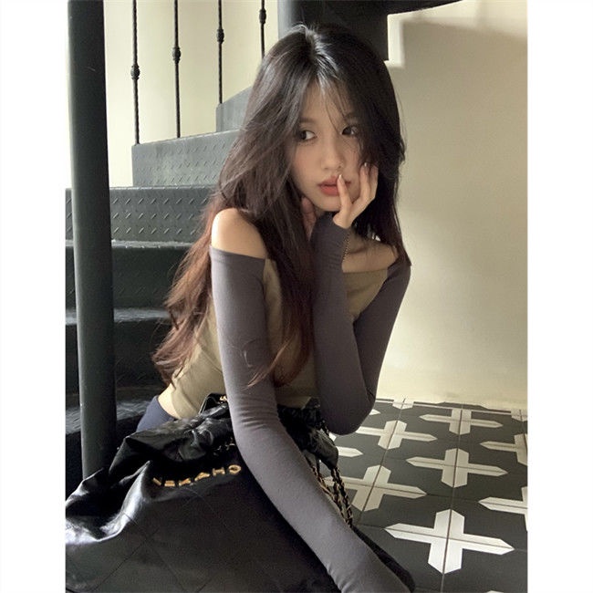 Red Gaya Korea Chic Slim Fit All-Match Slim Satu Kata Kerah Lengan Panjang T-shirt Wanita Awal Musim Gugur Baru Keinginan Murni Warna Yang Sesuai dengan Crop Top