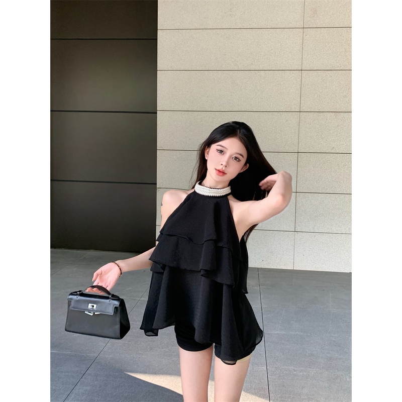 ♚Suhao Sweet Spice Girls Dig Shoulder Halter Neck Chiffon Camisole Wanita Musim Panas Longgar Temperamen Falbala Short Top Wearing Crop Top Sexy Tank Top Wanita Motif