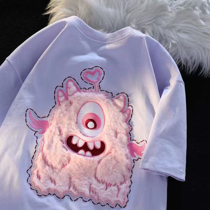 Red 100% kapas murni mewah bebek lengan pendek t-shirt wanita in pasang musim panas 3D bordir tiga dimensi longgar ruang kerja gaun madu atasan musim panas