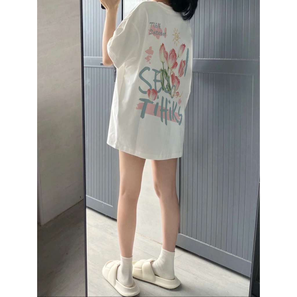 Red 100% Katun Berat 230G Putih Putih Gaya Amerika Tipis Lengan Pendek T-shirt Wanita Oversize Rose Top