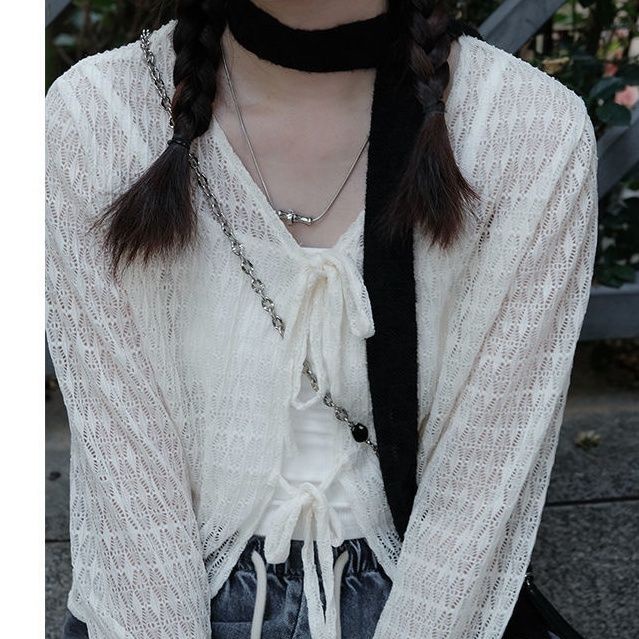 Red 2023 baru musim panas bagian tipis renda berongga dasi cardigan dengan es sutra pendek mesh perlindungan matahari kemeja lengan panjang