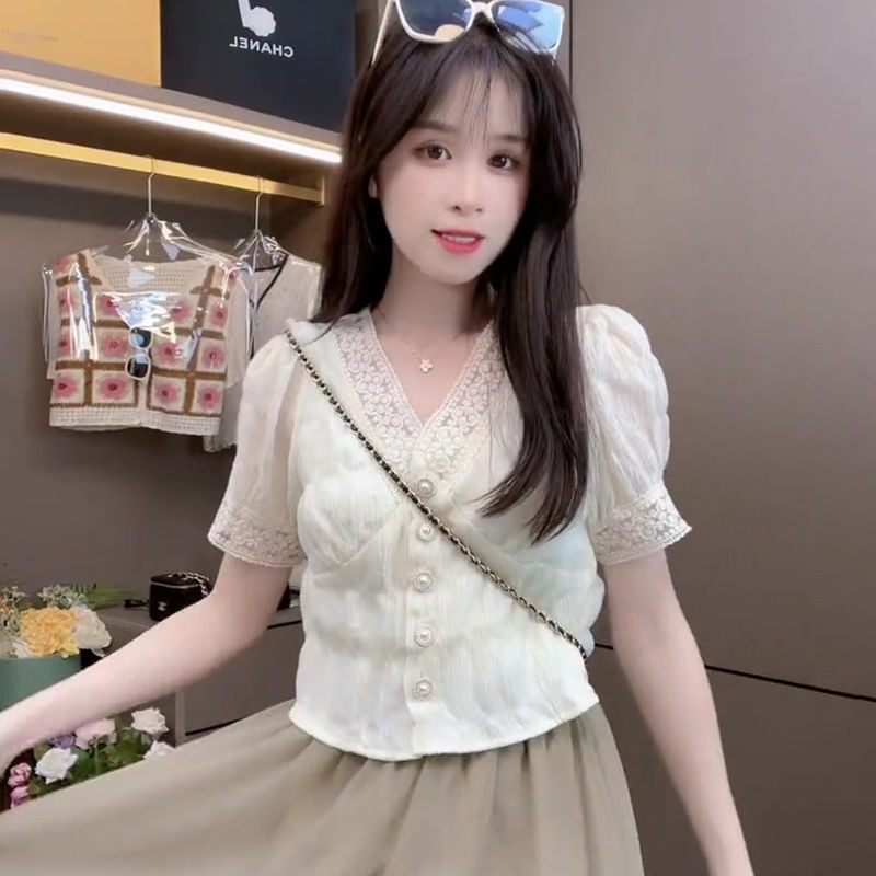 Red KIPAS/Retro V-Leher Renda Puff Lengan Wanita Musim Panas