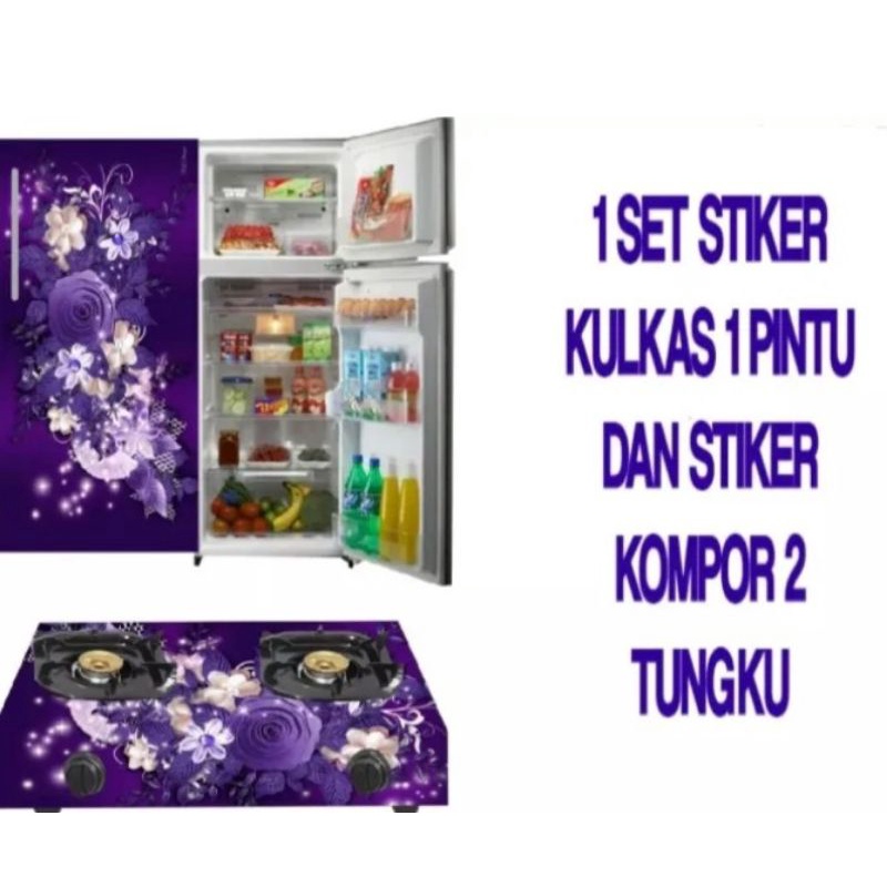 Terbaru stiker kulkas pintu 1 + kompor motif bunga ungu