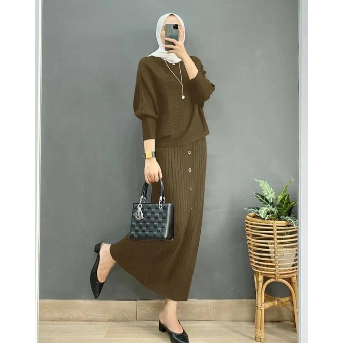 SETELAN ANYA BAJU WANITA BAHAN RAJUT IMPORT DAN ROK PANJANG MUSLIM