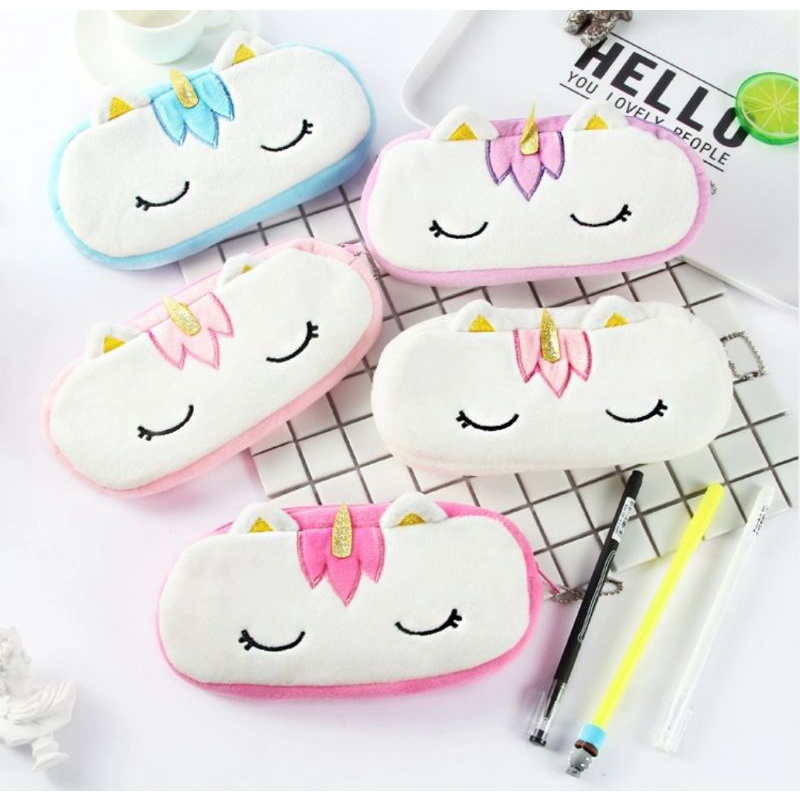 

Kotak pensil kain Unicorn bahan plushie warna pastel lucu