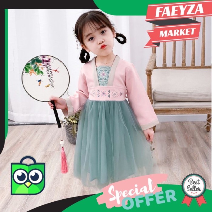 Dress Tutu Lengan Panjang Gaya Gaun China Hanfu Bordir Anak Perempuan