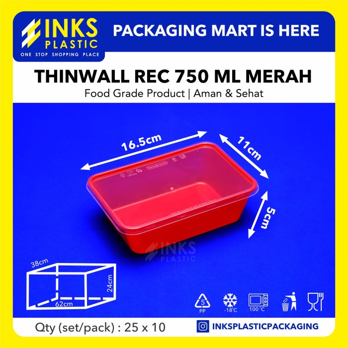 THINWALL 750ML WARNA RED RECTANGLE / PERSEGI PANJANG 750 ML (250 PCS)