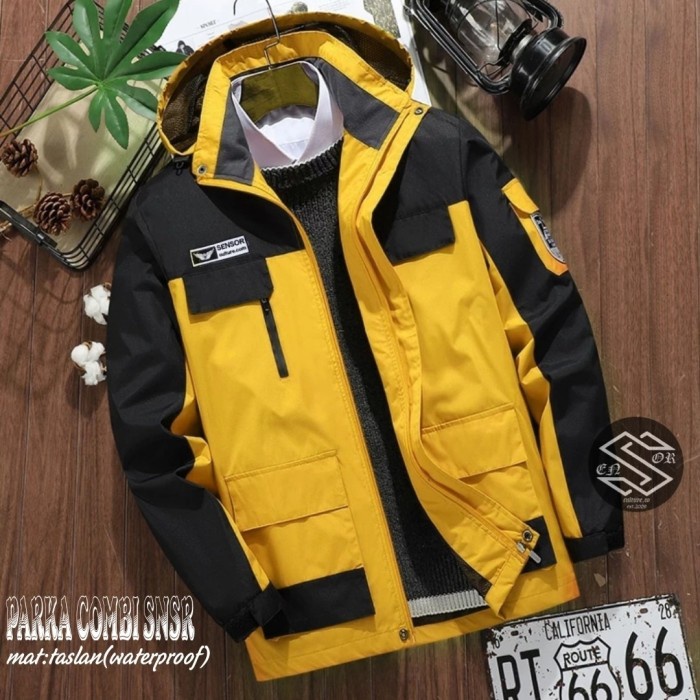 Terlaris jaket parka outdoor waterproof pria kombinasi terbaru kuning hitam abu - Kuning