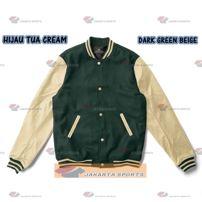 jaket pria JAKET VARSITY HIJAU TUA LENGAN CREAM BASEBALL KANCING PRIA WANITA - M(X3D2) jaket hoodie 