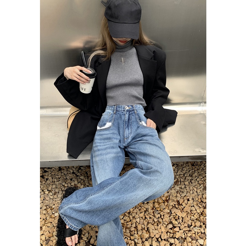 Retro lurus jeans wanita musim semi rasa desain kecil ceruk tinggi pinggang longgar lebar kaki celana mengepel celana