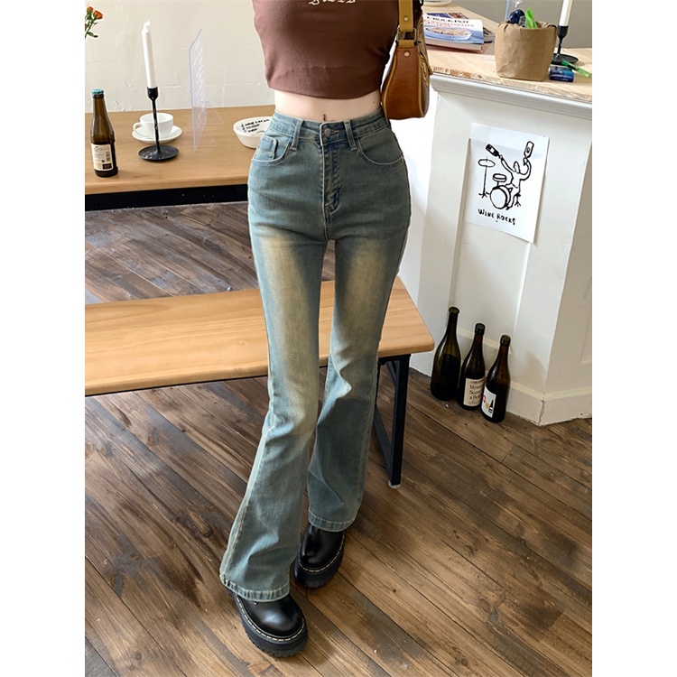 Tinggi Pinggang Retro Slim Jeans Wanita Musim Panas Amerika Spice Girls Elastis Berkobar Celana Petite Berkobar Celana