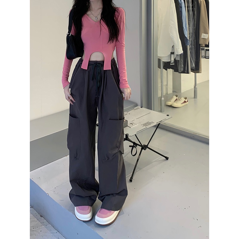 Sweet cool hot girl American retro tooling casual pants women s spring pink high waist loose straight wide leg pants trousers