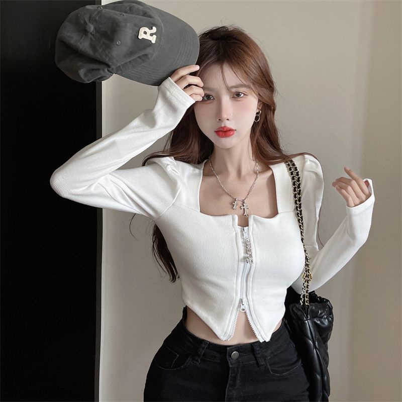 SuhaoKemeja Lengan Panjang Slim-Fit Wanita, Barang Eropa2023Atasan Chic Ritsleting Kerah Persegi Gay