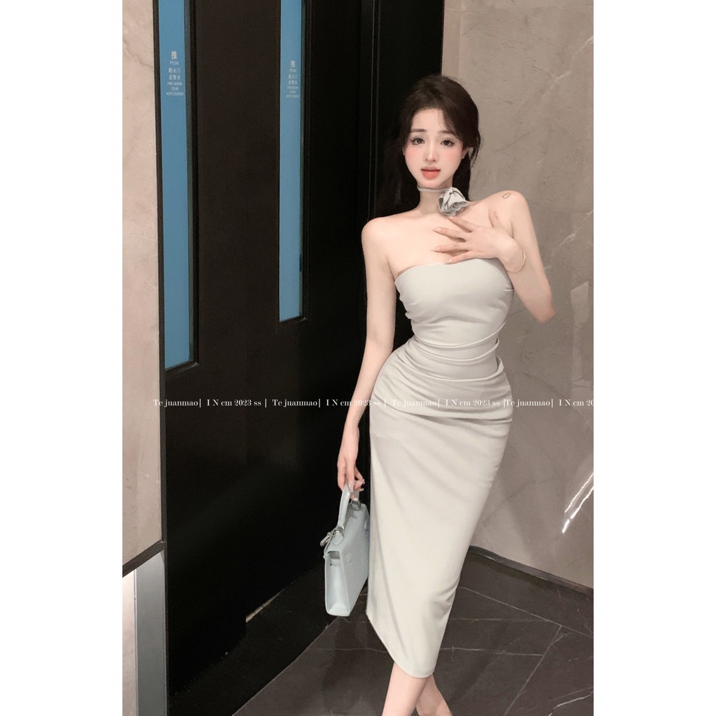✼◑✑Spice girl one shoulder tube top dress wanita musim panas rok ibu rok rose bunga celah pinggang mid panjang rok