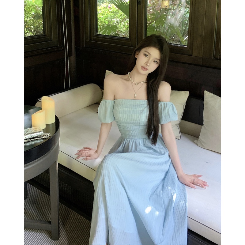 ❁∋┅Musim panas seksi one-shoulder tube top dress peri pinggang slim blue mid-length skirt rok temperamen lembut