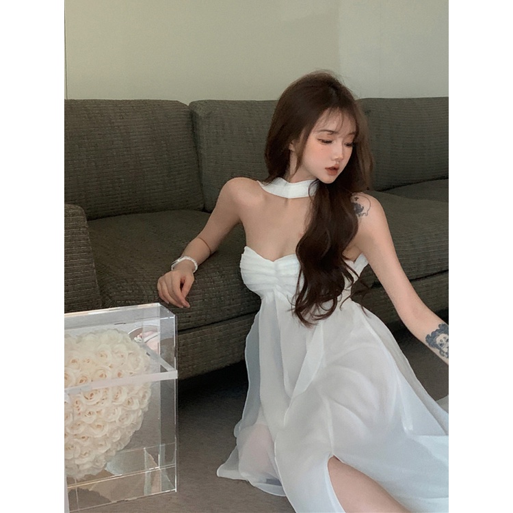 ♚○✽Putih one-shoulder halter neck tube top gaun peri musim panas murni keinginan rok tidak teratur high-end a-line rok panjang