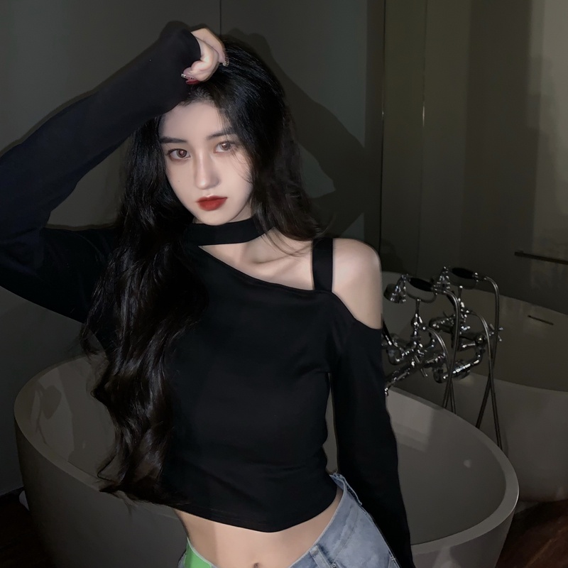 ❁❇#COD Suhao desain hitam strapless halter neck t-shirt wanita musim semi slim lengan panjang bottoming kemeja seksi pinggang tinggi atasan pendek