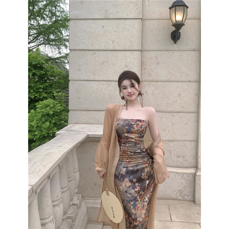 ■✾Zen Cina baru ditingkatkan cheongsam tube top dress wanita musim panas retro pinggang tas pinggul dress temperamen rok