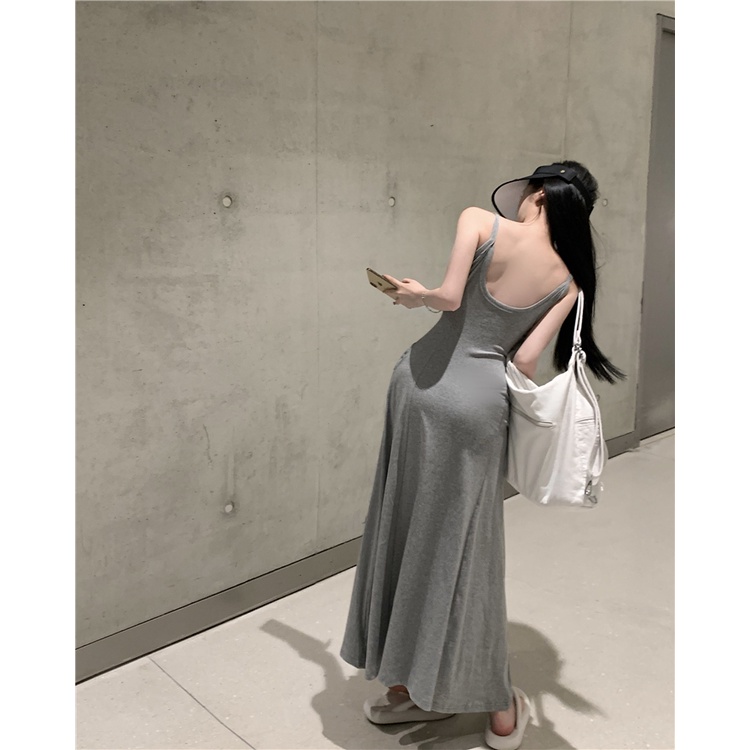 ✑Gaun suspender v-neck abu-abu wanita musim panas keinginan murni rok angin perasaan dingin backless temperamen high-end rok panjang