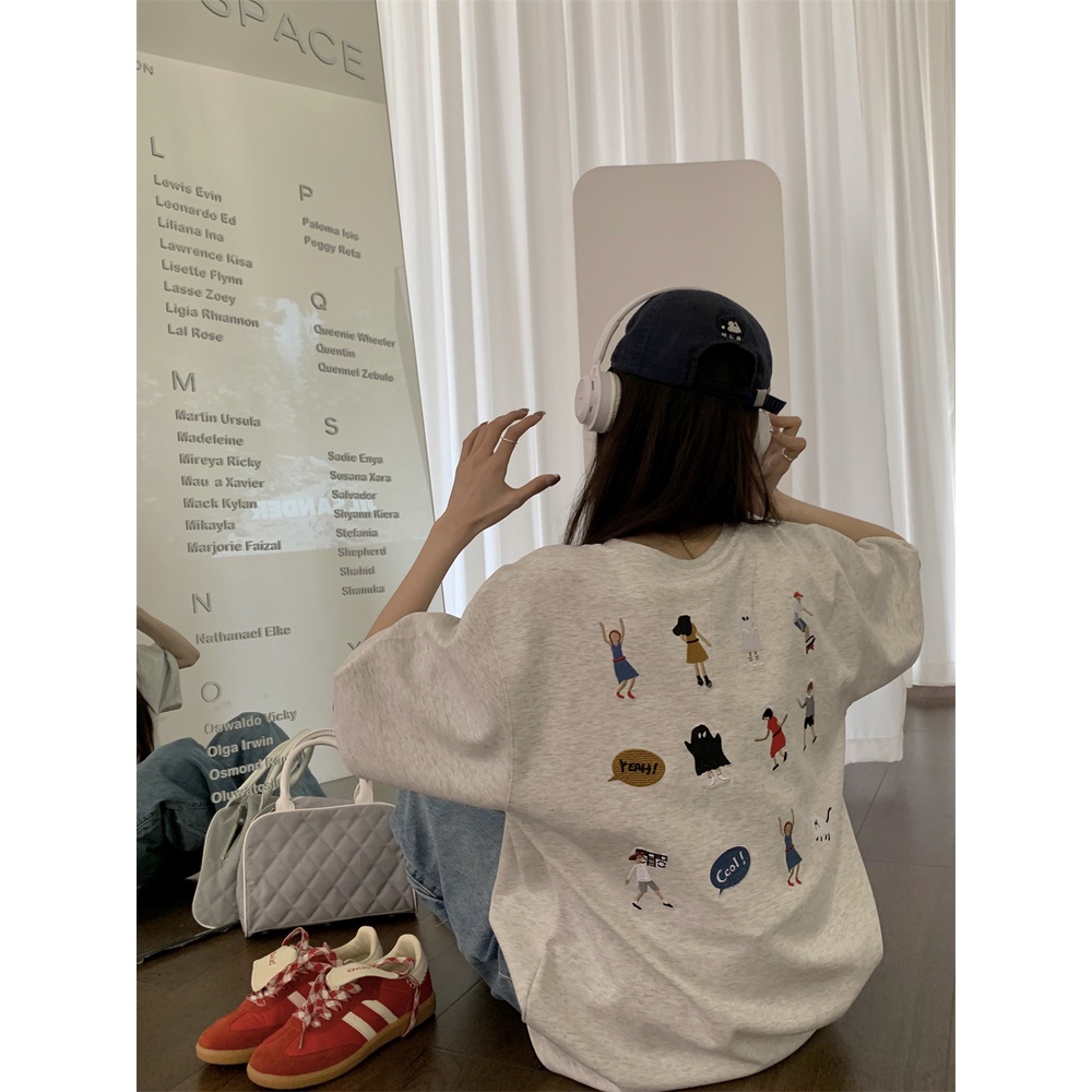 ☍#COD Suhao Versi Korea dari T-shirt Lengan Pendek Wanita Musim Panas 2023 Baru Leher Bulat Longgar Kartun Bordir All-Match Design sense Niche Atasan