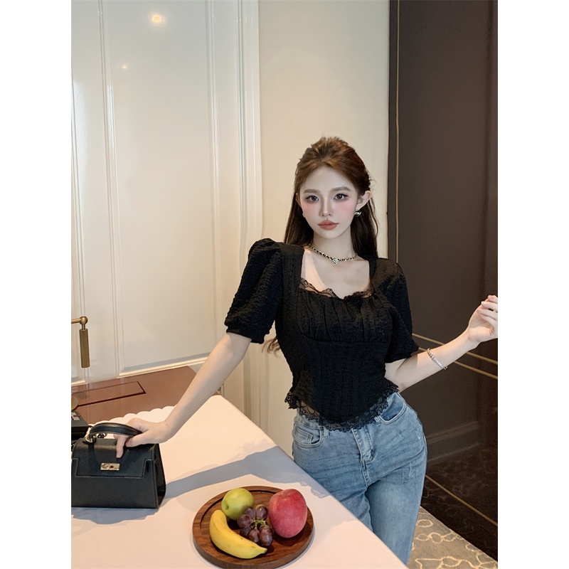 ✸۩❒#COD Suhao Temperamen Irregular Lace Stitching Chiffon Shirt Wanita Musim Panas Putih Puff Sleeve Lipat Square Neck Slim Short Top