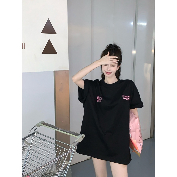 ﹉#COD Suhao Hitam Huruf Bordir Lengan Pendek T-shirt Wanita Musim Panas Desain Niche All-Match Longgar Kasual Panjang Atas