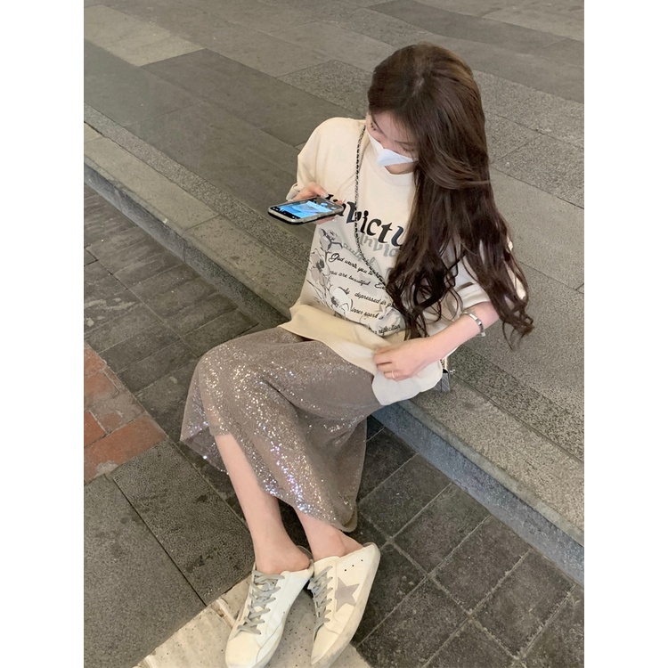 ▪♙♠#COD Suhao Korea huruf cetak T-shirt lengan pendek wanita musim panas rasa desain ceruk longgar kasual mid-panjang chic top