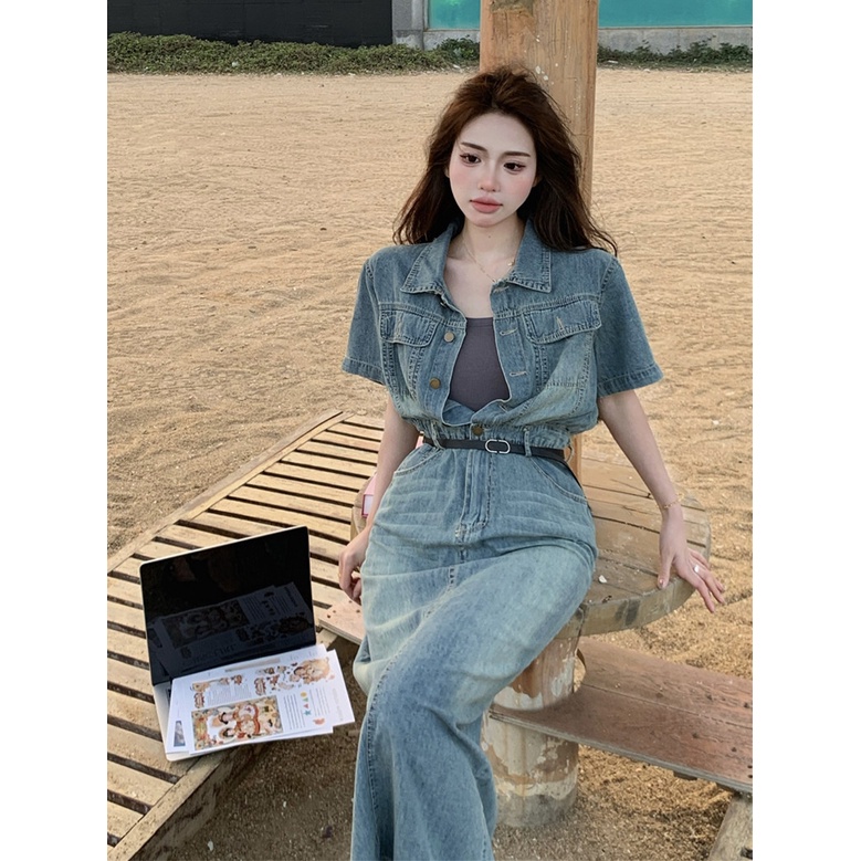 ▤#COD Suhao Gaya Hong Kong kerah dicuci kemeja denim gaun musim panas wanita one-piece rok celah fishtail tas rok pinggul rok panjang