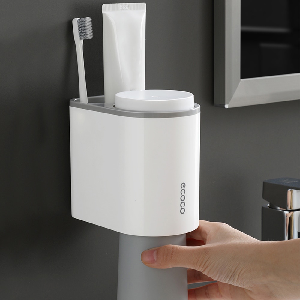 Gs8 Ecoco Rak Sikat Gigi &amp; Gelas Magnetic Wall Mounted Toothbrush Holder - E1905 - Gray Or-i