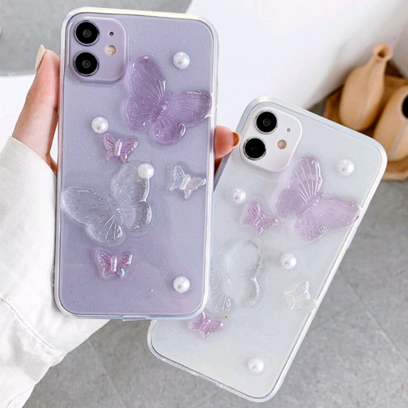 3D Phone Case Pearl Butterfly Glitter Purple Kupu-Kupu Ungu Cute Case for Iphone