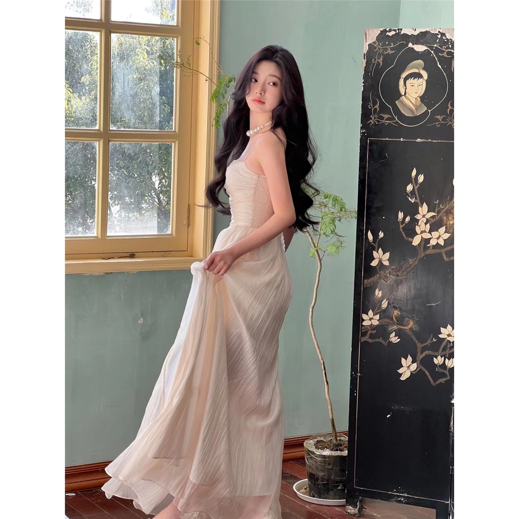 2023 Musim Semi dan Musim Panas Baru Super Peri Warna Murni Lipatan Baru Gaya Cina Suasana Elegan Temperamen Elegan Pinggang Sling Rok Panjang wanita