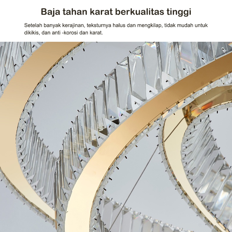 ⭐Garansi Remote⭐Lampu Gantung 5 Ring Kemewahan Penuh Nyata Kualitas Tinggi Kristal Chandelier Ruang Tamu Vila Hotel Tangga Modern Lampu Langit -langit