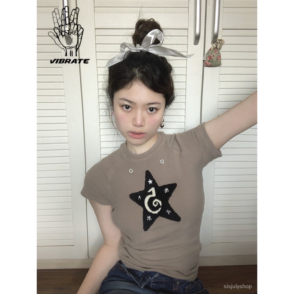 [✅BISA COD] #Sisjuly# Atasan Y2K Wanita / Kaos Lengan Pendek American Vintage Pentagram Slim Fit / A