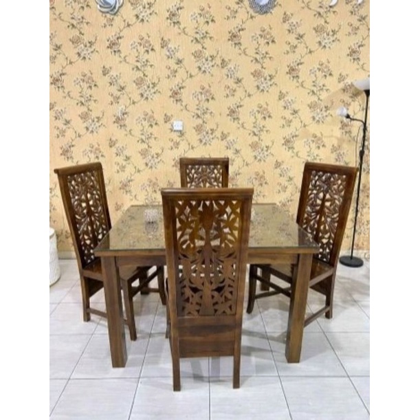 Meja makan kayu jati ukir Jepara Plus kaca kursi 4