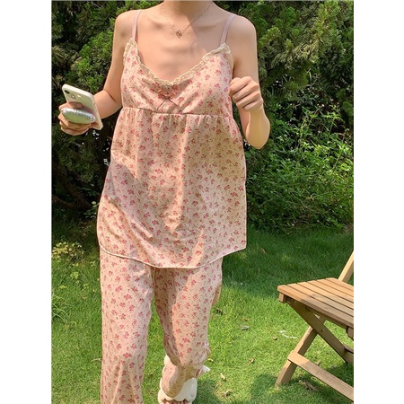 ▼∋∈stelan baju tidur wanita Xinbangbang Homedress sweet floral pajamas with chest pad suspenders female students trousers home service suit summer #COD baju tidur wanita bahan kaos