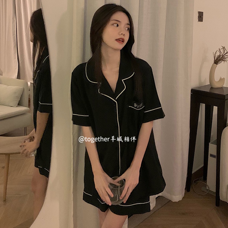 ♤♨stelan baju tidur wanita Korean pajamas women s summer ice silk short-sleeved thin section ins style high-end black letter couple home service set #COD baju tidur wanita bahan kaos