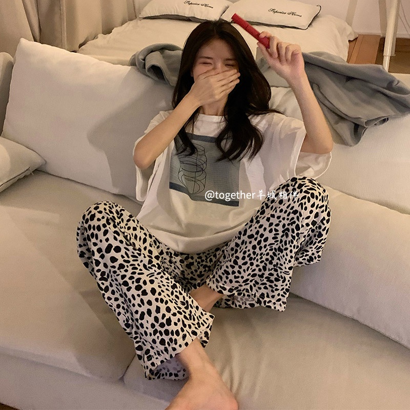 ✜✎♂stelan baju tidur wanita ins Piyama sederhana gaya Korea untuk wanita musim semi dan musim panas katun murni lengan pendek bagian tipis celana macan tutul kasual dan bisa dipakai di luar pakaian rumah #COD baju tidur wanita bahan kaos