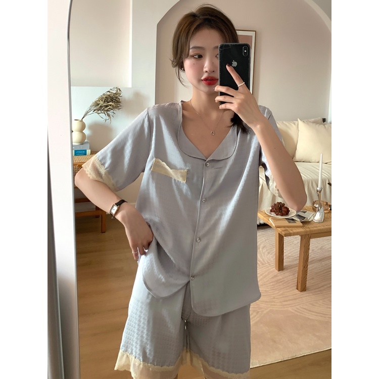 ☞ﺴstelan baju tidur wanita pajamas summer women s ins ice silk thin short-sleeved suit new black houndstooth high-quality lace home clothes #COD baju tidur wanita bahan kaos