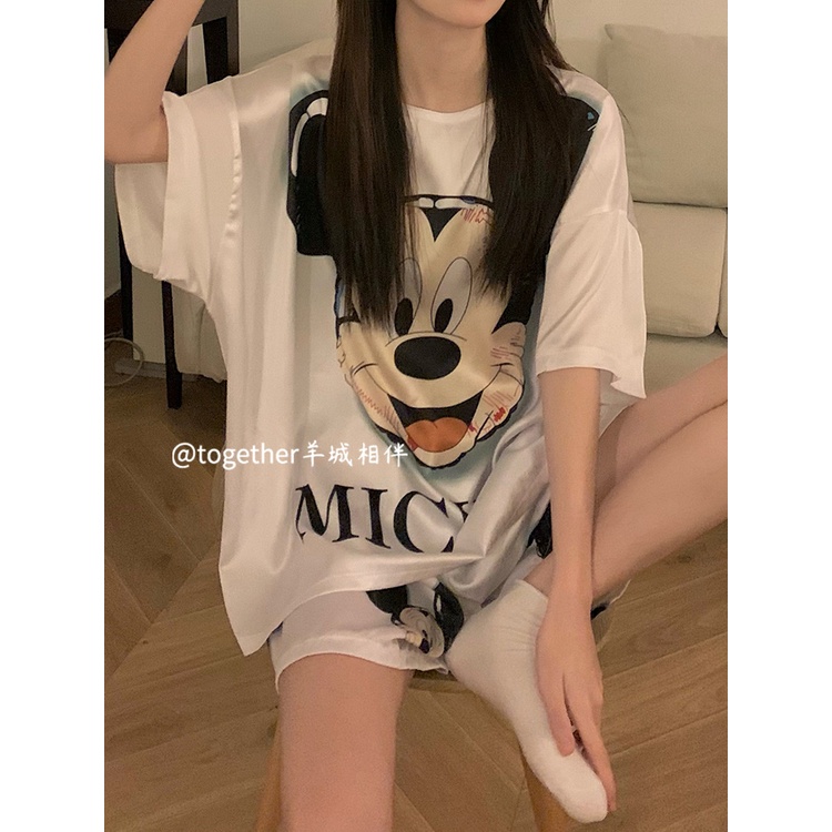 ✿stelan baju tidur wanita Korean ins wind pajamas women s summer short sleeve 2022 new cute Mickey three-piece suit ice and snow silk home clothes #COD baju tidur wanita bahan kaos