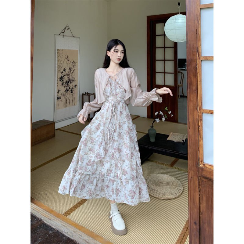 dress floral korea Rok Suspender Elegan Kerutan Prancis+Gaun Kardigan Wanita, Rok Setelan Musim Pana