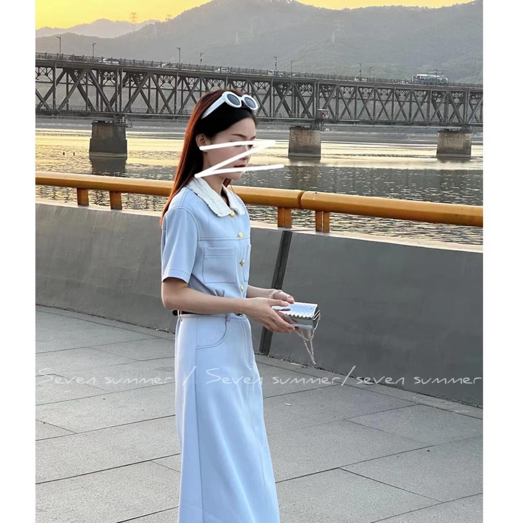 【Freesia】Gaun Lengan Pendek Kasual Kerah Boneka Musim PanasAGaun Versi Warna Solid Wanita midi dress