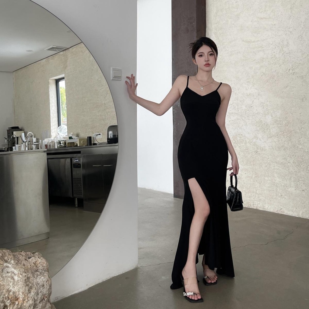 Gaun Tali Hitam Gaya Perancis, Gaun Ekor Ikan Split Slim-Fit Tidak Beraturan midi dress korea dress